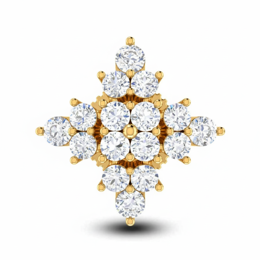 A Beautiful EVA Jewels Sophia Earring Studs. Devoting Your Love & Win Her Heart For Life. Diamond Cluster Stud Earring. A Starburst Design, Having 32, Diamonds, Studded Using Prongs . The diamonds are set in a four-pointed star shape. Threaded post and butterfly friction back (screw-back). ER00008 A Beautiful EVA Jewels Sophia Earring Studs. Devoting Your Love & Win Her Heart For Life. Diamond Cluster Stud Earring. A Starburst Design, Having 32, Diamonds, Studded Using Prongs In Gold With 1.78 gms. in 18kt., 1.54 gms. in 14kt., 1.33 gms. in 10kt., in Silver at 1.19 gms., Or in Platinum at 2.48 gms. The diamonds are set in a four-pointed star shape. 8.80 mm. in height & 8.85 mm. in Width, has threaded post and butterfly friction back (screw-back). Elevate your jewelry collection with these exquisite floral cluster stud earrings, designed to capture and reflect light from every angle. Featuring a sophisticated arrangement of multiple round-cut diamonds, these earrings offer a timeless sunburst silhouette. Whether you're dressing up for a special occasion or adding a touch of luxury to your daily wear, these studs provide the perfect blend of elegance and sparkle. ER00008_1 T Y